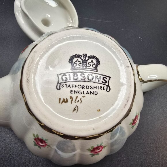 Rose Pumpkin Teapot With Blue and Gold Accents English Staffordshire JJ3837 - Picture 9 of 10